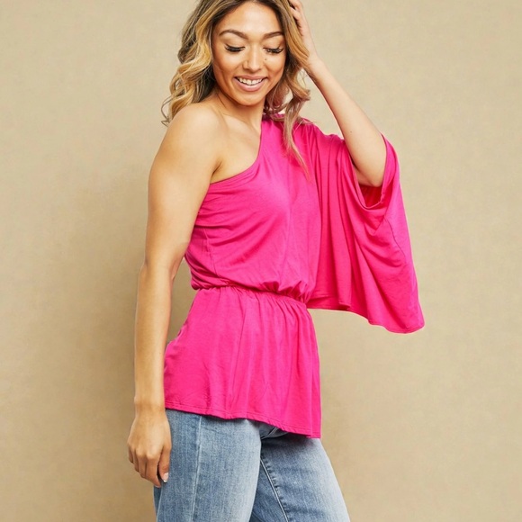 white birch One-Shoulder Fuchsia Peplum Blouse - Picture 3 of 6
